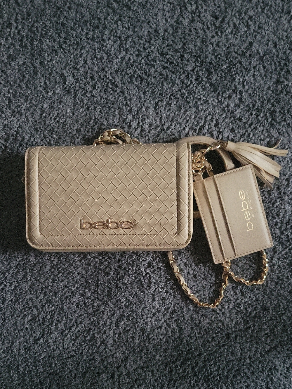 bebe Metallic Gold Quilted Crossbody with Cardholder and Tassel